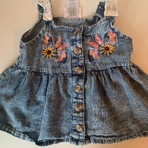 Little Lass Denim Dress with Floral Embroidery